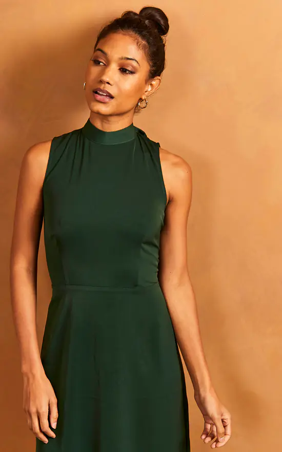 Ruffle Hem High Neck Sleeveless Dress In Green - Image 3