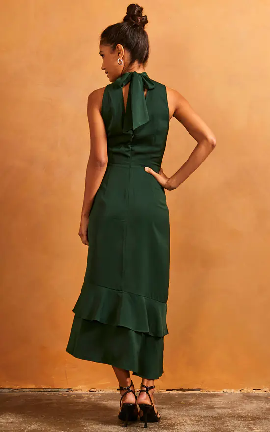 Ruffle Hem High Neck Sleeveless Dress In Green - Image 4