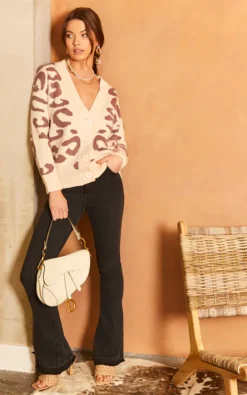 Cream And Mink Leopard Button Down Ribbed Knit Cardigan