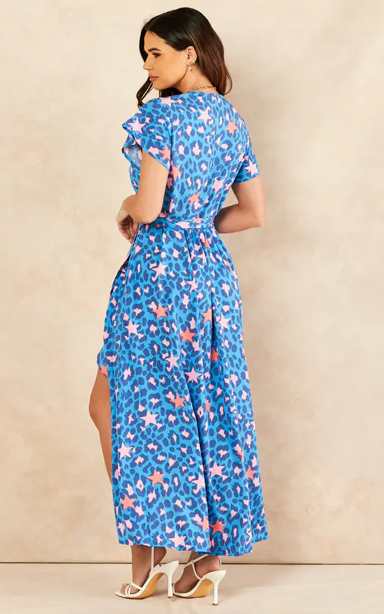 Sarta Leopard Print & Stars Midi Wrap Dress Short Sleeve Waist Tie In Blue & Pink - Image 4