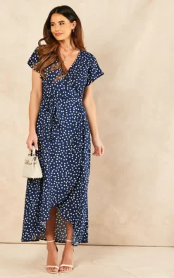 Sarta Polka Dot Midi Wrap Dress Short Sleeve Waist Tie In Navy Blue & White