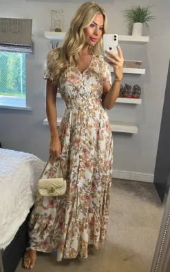 Multi Cream Vintage Floral Tiered Maxi Dress