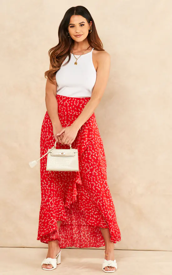 Sarta Red Floral Print Midi Wrap Skirt - Image 2