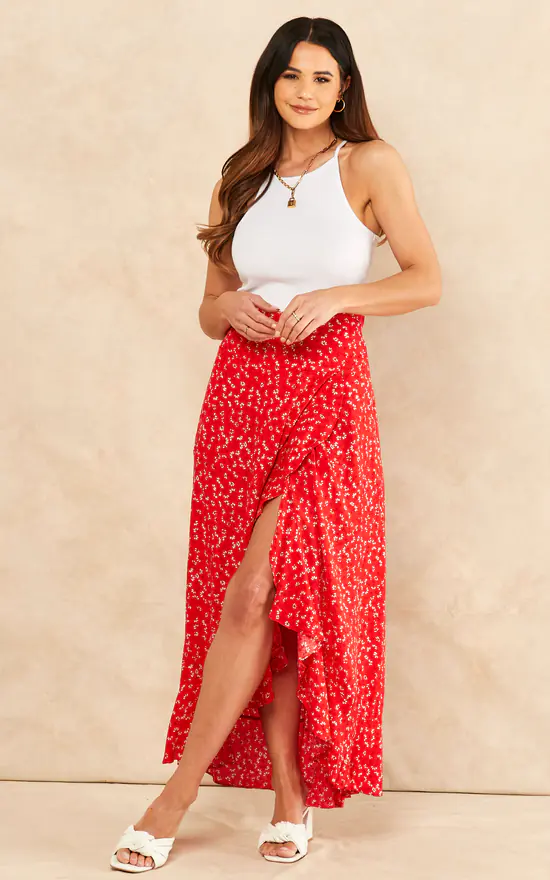 Sarta Red Floral Print Midi Wrap Skirt