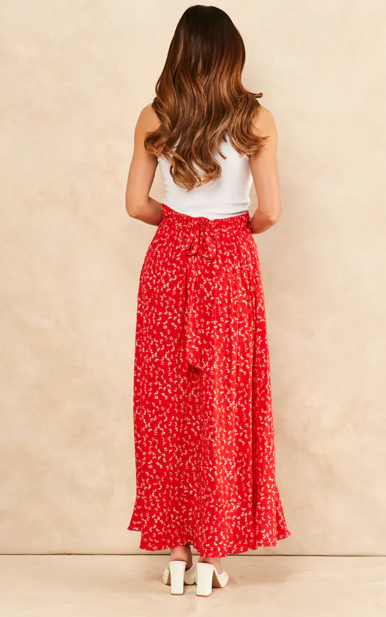 Sarta Red Floral Print Midi Wrap Skirt - Image 4