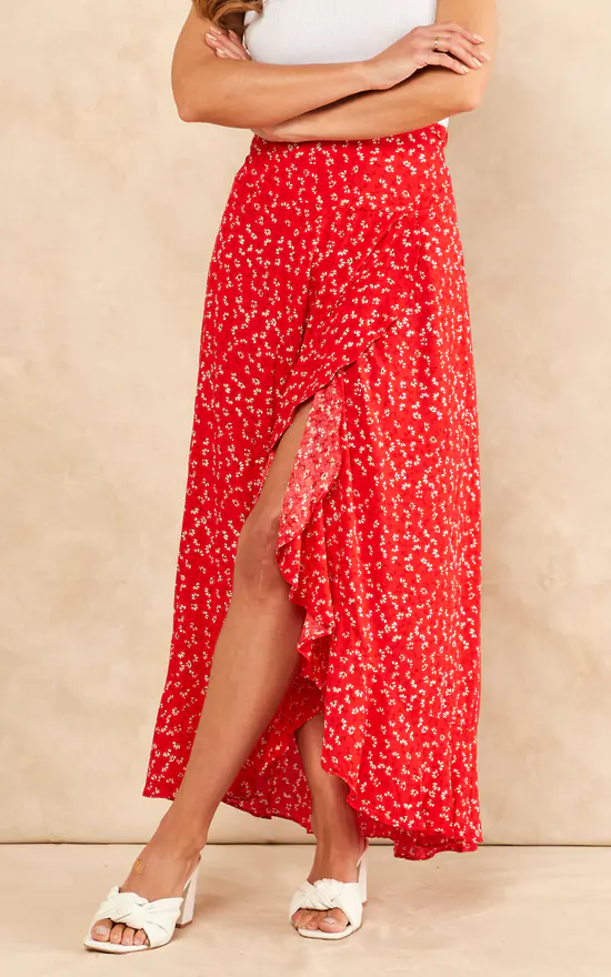 Sarta Red Floral Print Midi Wrap Skirt - Image 3
