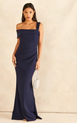 Goddiva Off The Shoulder Pleated Waist Maxi Dress Navy