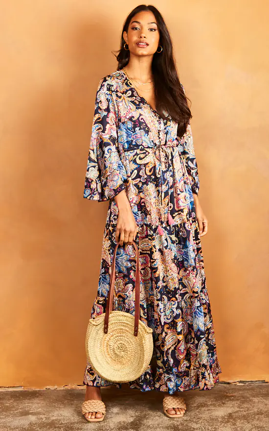Angel Sleeve Paisley Maxi Dress In Blue - Image 2