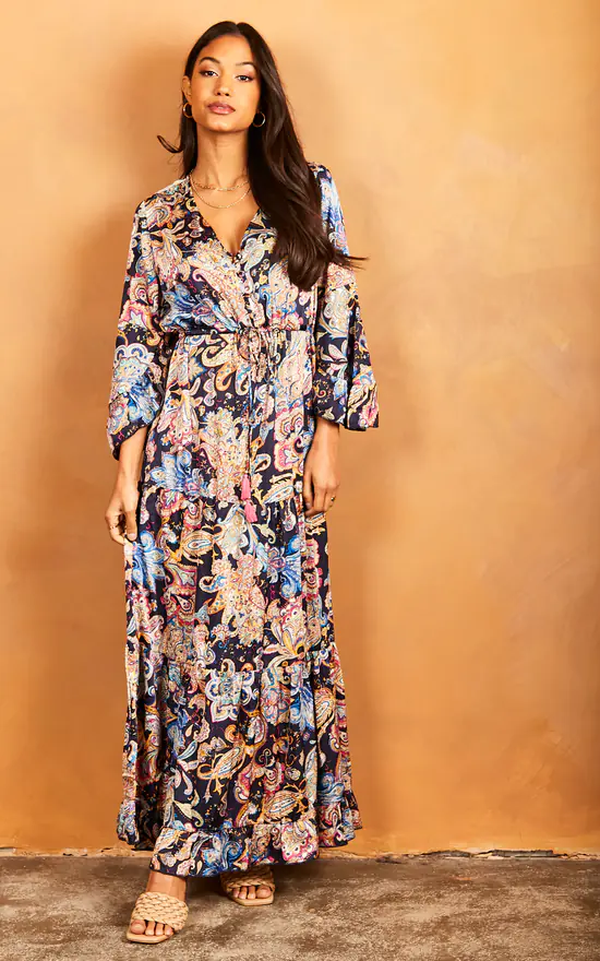 Angel Sleeve Paisley Maxi Dress In Blue