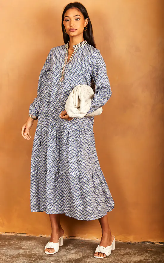 Geometric Print Long Sleeve Maxi Dress In Blue