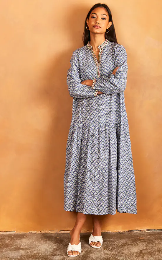 Geometric Print Long Sleeve Maxi Dress In Blue - Image 2