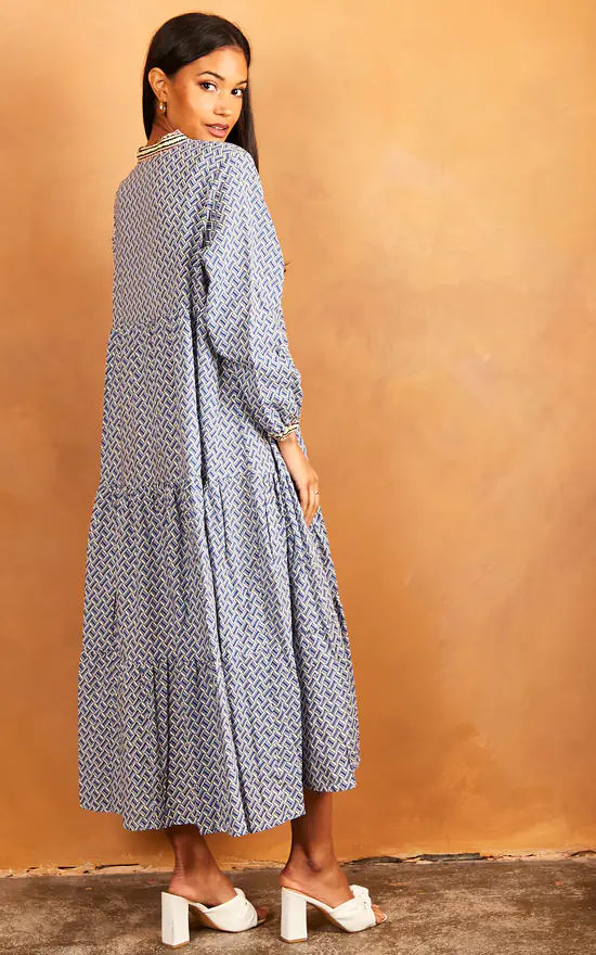 Geometric Print Long Sleeve Maxi Dress In Blue - Image 4