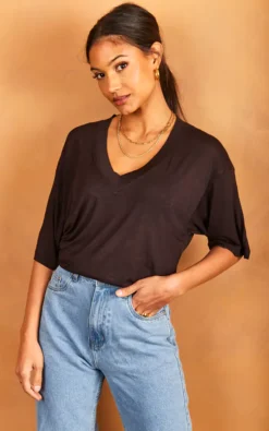 JJXX Longline V Neck T Shirt In Black