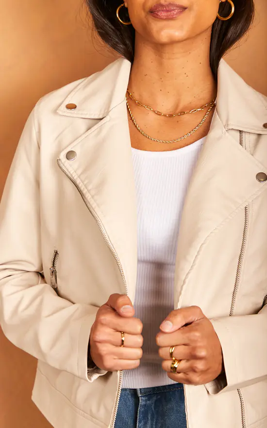 JJXX Faux Leather Jacket In Stone - Image 3