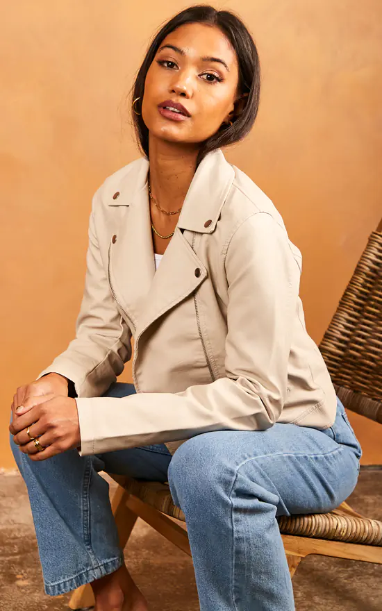 JJXX Faux Leather Jacket In Stone - Image 2