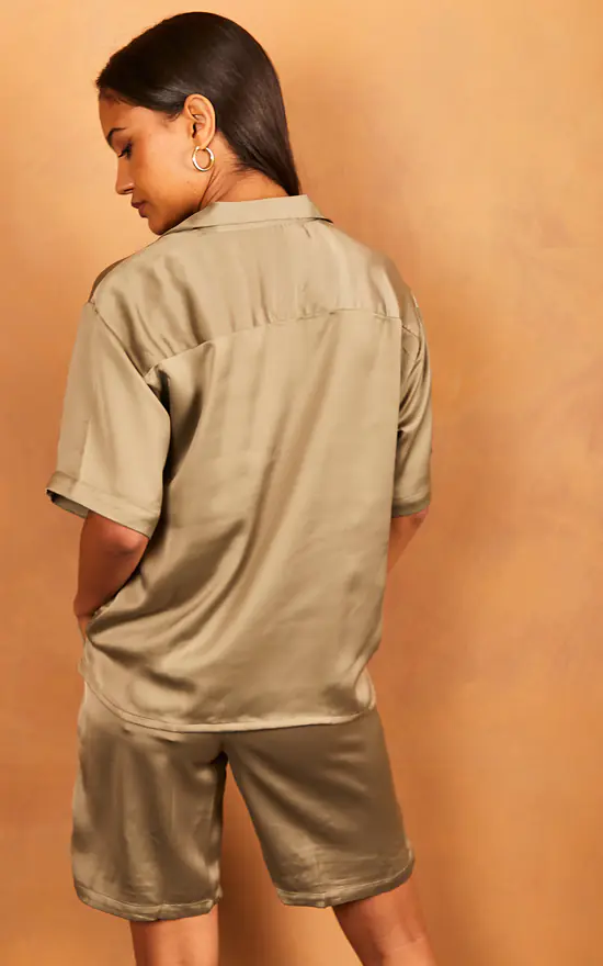 JJXX Short Sleeve Satin Shirt In Brown - Image 4