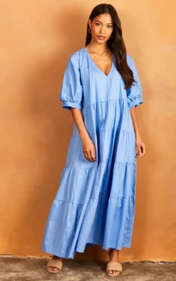 Tiered Maxi Smock Dress Light Blue