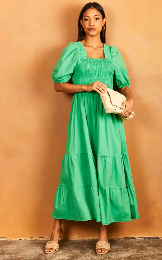 Bella Midi Shirred Smock Dress With Balloon Sleeves Green - Image 3
