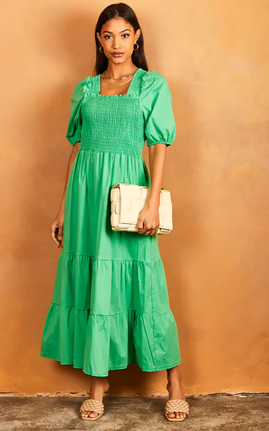 Bella Midi Shirred Smock Dress With Balloon Sleeves Green - Image 2