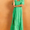 Bella Midi Shirred Smock Dress With Balloon Sleeves Green