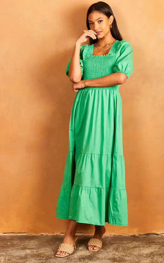 Bella Midi Shirred Smock Dress With Balloon Sleeves Green
