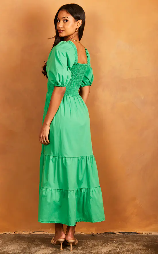 Bella Midi Shirred Smock Dress With Balloon Sleeves Green - Image 4