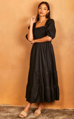 Bella Midi Shirred Dress With Balloon Sleeves Black