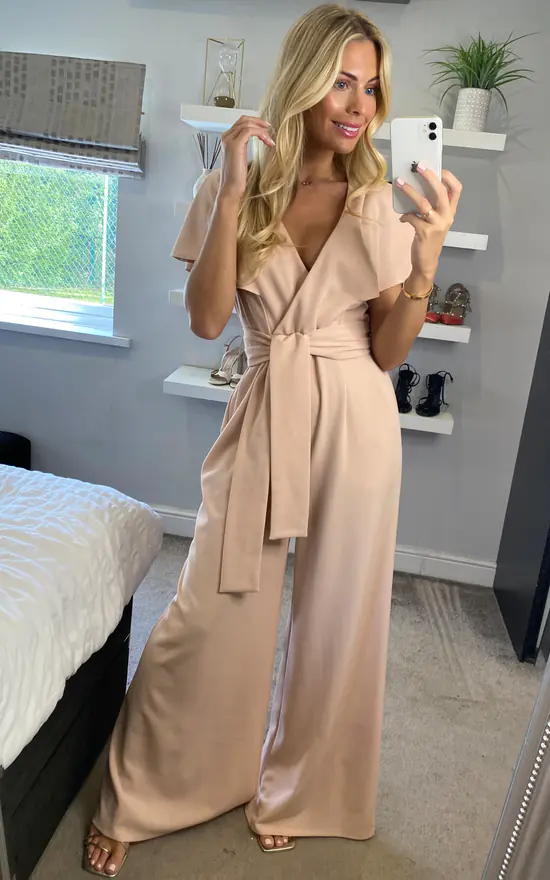 Chloe Cape Sleeve Jumpsuit With Tie In Nude - Image 2