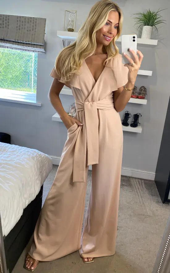Chloe Cape Sleeve Jumpsuit With Tie In Nude