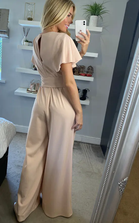 Chloe Cape Sleeve Jumpsuit With Tie In Nude - Image 4