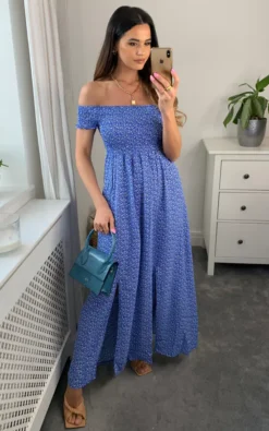 Floral Pattern Off Shoulder Bardot Midi Dress In Blue