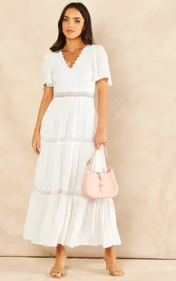 Christine Angel Sleeve Tiered Midi Dress In White