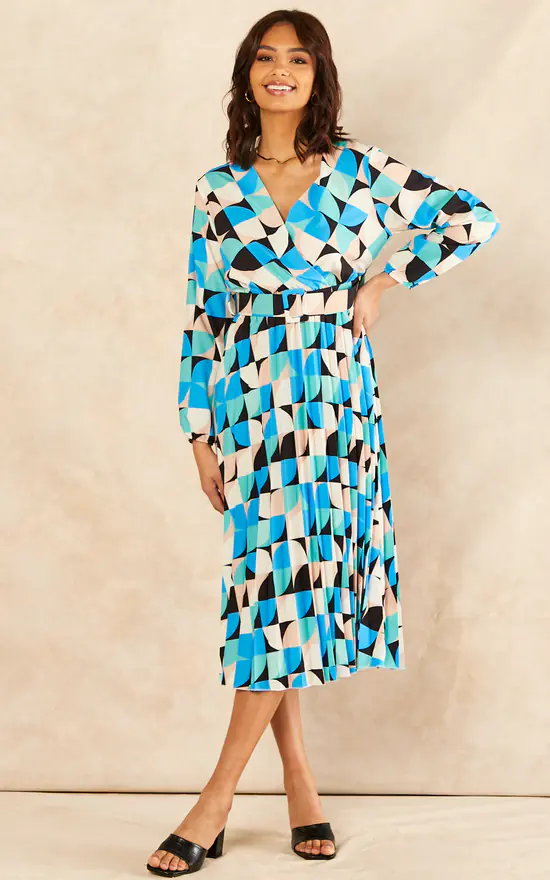 Long Sleeve Geometric Print Belted Midi Dress In Blue - Image 2