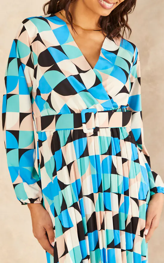 Long Sleeve Geometric Print Belted Midi Dress In Blue - Image 3