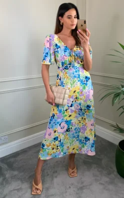 V Neck Maxi Dress With Frill Detail In Multicolour Floral Print