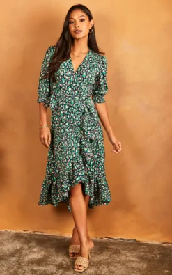 Midi Wrap Dress With Short Cuff Sleeve In Pink And Green Print