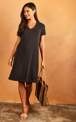 Pieces V Neck T Shirt Dress In Black