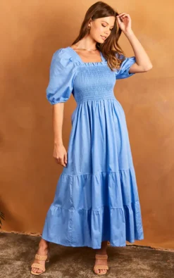 Bella Midi Shirred Smock Dress With Balloon Sleeves Light Blue