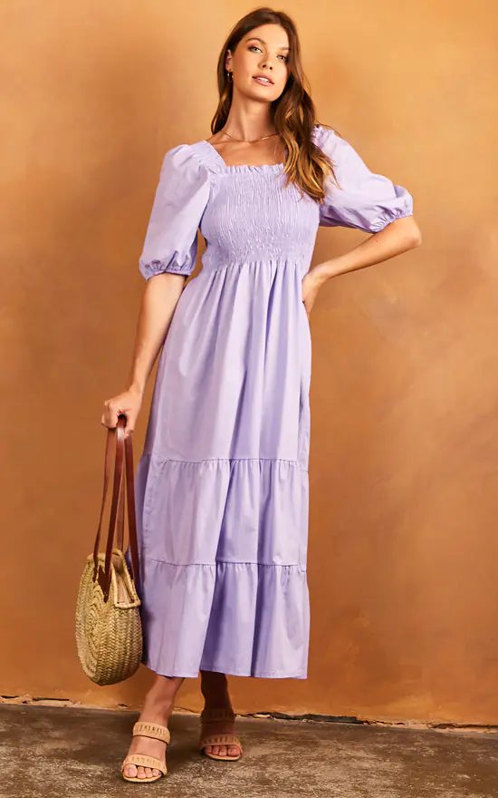 Bella Midi Shirred Smock Dress With Balloon Sleeves Lilac - Image 3