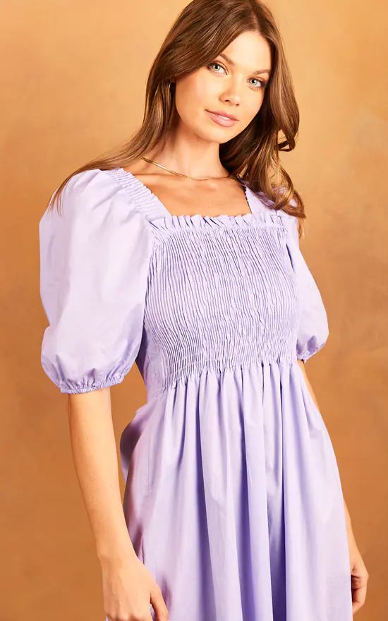 Bella Midi Shirred Smock Dress With Balloon Sleeves Lilac - Image 2