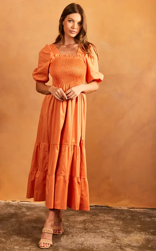 Bella Midi Shirred Smock Dress With Balloon Sleeves Orange - Image 2
