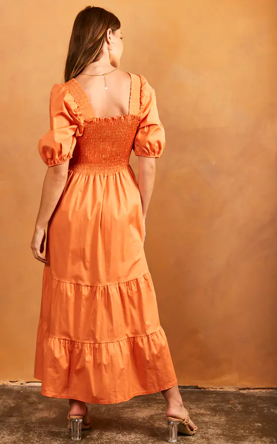 Bella Midi Shirred Smock Dress With Balloon Sleeves Orange - Image 4