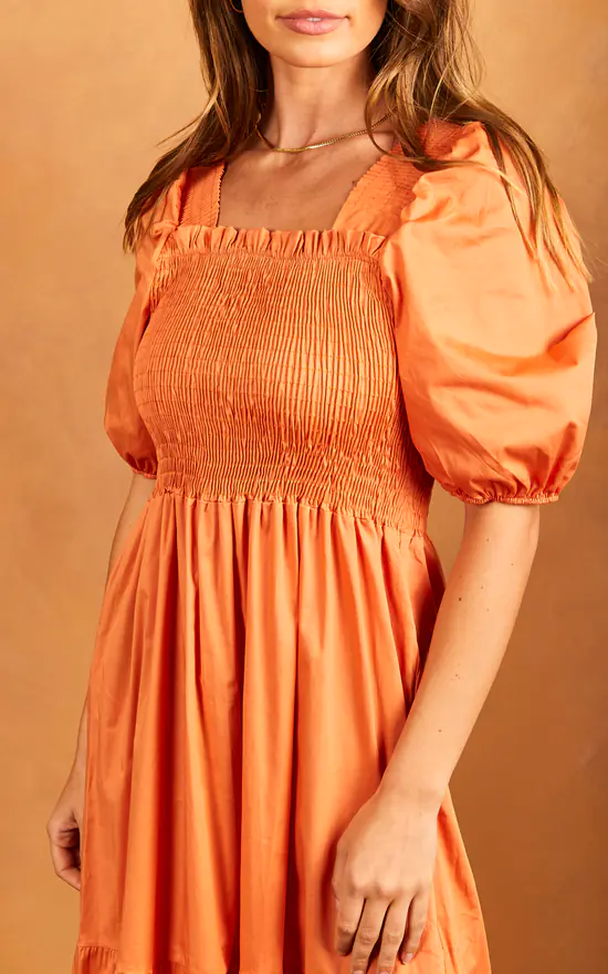 Bella Midi Shirred Smock Dress With Balloon Sleeves Orange - Image 3