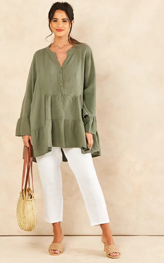 Oversized Frill Hem Blouse In Khaki - Image 2