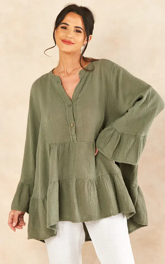 Oversized Frill Hem Blouse In Khaki