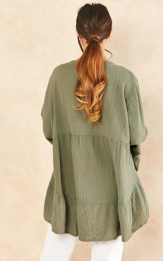 Oversized Frill Hem Blouse In Khaki - Image 4