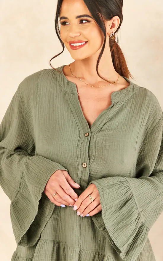 Oversized Frill Hem Blouse In Khaki - Image 3