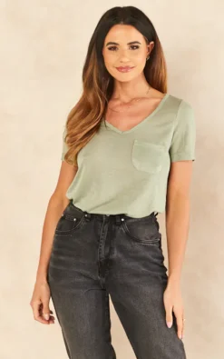 Object V Neck T Shirt With Pocket In Khaki