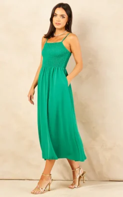 Shirred Midi Skater Dress With Pockets Green