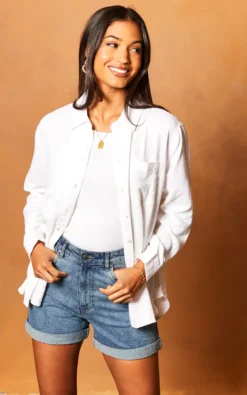 ONLY Long Sleeve Linen Shirt In White